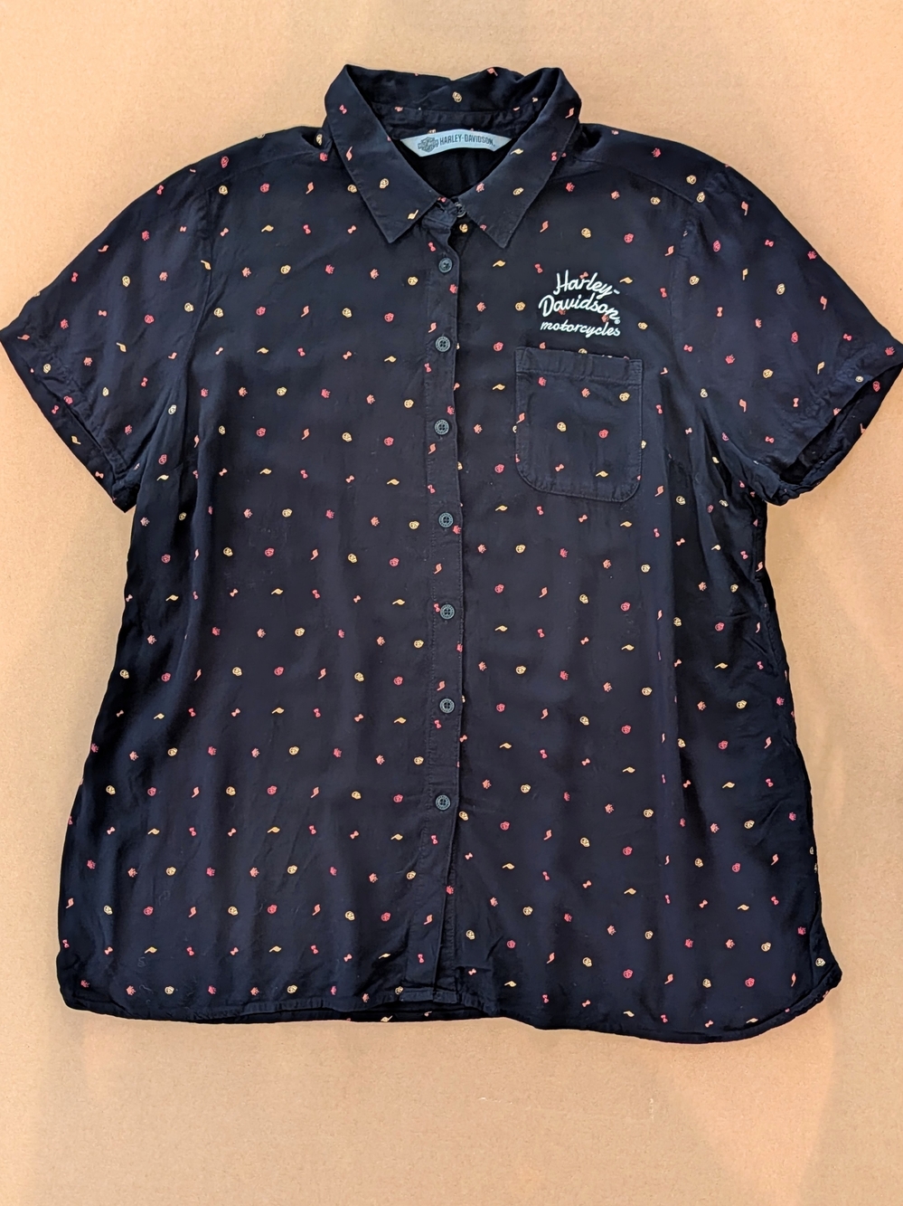 Harley Davidson Motorcycles Black Printed Short Sleeve Button Down Pocket Shirt